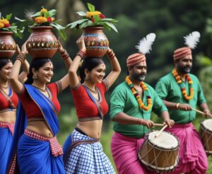 Village Life लोहारदगा में सरहुल 2025 के दौरान उरांव आदिवासी समुदाय का पारंपरिक नृत्य, जिसमें महिलाएं सिर पर घड़े लिए और पुरुष ढोल बजाते नजर आ रहे हैं।