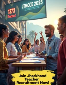 JTMACCE 2025 Jharkhand Teacher Recruitment job fair in Ranchi with aspirants applying for 1373 teacher posts, yellow text overlay.