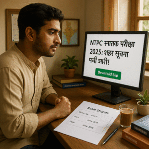 एक भारतीय छात्र लकड़ी के डेस्क पर बैठा है, जो कंप्यूटर पर एनटीपीसी ग्रेजुएट परीक्षा 2025 की सिटी इंटिमेशन स्लिप देख रहा है। डेस्क पर स्लिप, चाय का गिलास, किताबें और एक पौधा है, जबकि पृष्ठभूमि में एक टाइमटेबल और भारत का नक्शा दिख रहा है।"