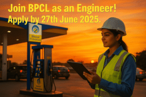 A young Indian female engineer in a safety helmet inspecting a BPCL petrol pump at sunset, with a tablet in hand and text overlay 'Join BPCL as an Engineer! Apply by 27th June 2025.'"