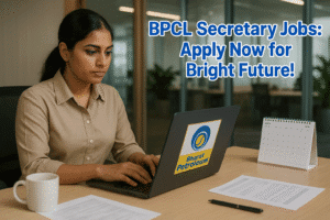 An Indian woman working as a secretary at a BPCL office desk, typing on a laptop with the BPCL logo, and text overlay 'BPCL Secretary Jobs: Apply Now for a Bright Future!'"