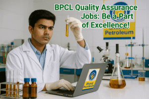 "A young Indian man in a lab coat checking oil quality in a BPCL refinery lab, with scientific equipment and text overlay 'BPCL Quality Assurance Jobs: Be a Part of Excellence!'"