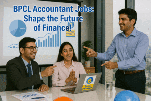 A BPCL accounts team in a meeting room discussing financial charts, with the BPCL logo on the screen and text overlay 'BPCL Accountant Jobs: Shape the Future of Finance!'"