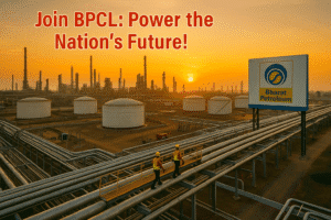 An aerial view of a BPCL refinery at sunrise, showing pipelines and workers, with the BPCL logo and text overlay 'Join BPCL: Power the Nation’s`"Join BPCL: Power the Nation’s Future!'"
