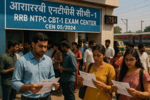 RRB NTPC Exam Date 2025: Indian candidates outside an exam center at 7:51 AM on June 6, 2025, holding admit cards, with a signboard reading 'RRB NTPC CBT-1 Exam Center - CEN 05/2024'.