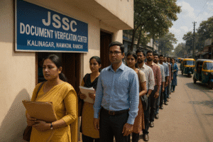 Candidates waiting in queue for Jharkhand Teacher Recruitment 2023 document verification at JSSC office in Ranchi, 2025."
