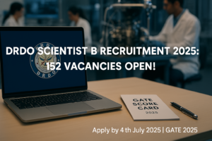 Blog banner for DRDO Scientist B Recruitment 2025 showing a modern workspace with a laptop displaying the DRDO logo, a GATE scorecard, and text overlay 'DRDO Scientist B Recruitment 2025: 152 Vacancies Open!' and 'Apply by 4th July 2025 | GATE 2025'.
