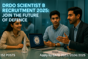 Realistic blog image for DRDO Scientist B Recruitment 2025 showing a team of scientists in a meeting room with a missile model, featuring a digital screen with text 'DRDO Scientist B Recruitment 2025: Join the Future of Defence' and overlay text '152 Posts | GATE 2023/2024/2025'.