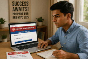 A young Indian student sits at a modern wooden desk in a well-lit room, focused on a laptop displaying the RRB NTPC Admit Card 2025 download page on the official RRB website. A printed admit card on the desk reads 'RRB NTPC CBT-1 2025 Admit Card, Exam Date: 29 June 2025, Candidate Name: Sample Name'. A notebook with exam notes and a pen are nearby. A motivational poster in the background reads 'Success Awaits! Prepare for RRB NTPC 2025' in bold text. Natural light streams through a window, creating a bright and organized study environment.