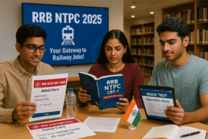 Three diverse young Indian candidates study at a table in a modern library for RRB NTPC 2025. One holds a printed admit card reading 'RRB NTPC CBT-1 2025, Exam Center: Sample Center, Date: 29 June 2025'. Another reviews a guidebook titled 'RRB NTPC CBT-1 Preparation Guide', while the third uses a tablet showing a mock test. Study materials, a water bottle, and an Indian flag are on the table. A digital board in the background reads 'RRB NTPC 2025: Your Gateway to Railway Jobs!' with a train graphic, set in a well-lit, professional environment.