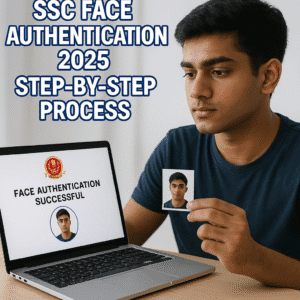 realistic image of an Indian student using a laptop to complete SSC Face Authentication 2025, with a successful verification message on the screen. Text overlay reads 'SSC Face Authentication 2025 - Step-by-Step Process' in white with blue outline