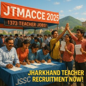 JTMACCE 2025 Jharkhand Teacher Recruitment job fair in Ranchi with aspirants applying for 1373 teacher posts, yellow text overlay.