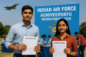 Young candidates at Indian Air Force Agniveervayu Recruitment 2025 rally with IAF banner and fighter jet in the background.