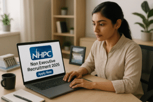 Young Indian engineer reviewing NHPC Non Executive Recruitment 2025 notification on a laptop in a modern office, with NHPC logo and hydropower dam model in the background."