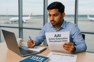 Young Indian engineer preparing for AAI Junior Executive Recruitment 2025 at a desk with an airport terminal in the background.