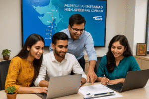 A group of young Indian engineers, both men and women, collaborating in a modern office with laptops and technical documents, working on the Mumbai-Ahmedabad High-Speed Rail Corridor project. A digital screen in the background displays the rail corridor map, blending traditional Indian decor with advanced technology in a professional NHSRCL workspace.