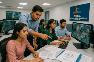 ISRO NRSC Apprentice Recruitment 2025 भर्ती प्रक्रिया का दृश्य जिसमें अंतरिक्ष अनुसंधान केंद्र का कार्यालय दिखाया गया है"