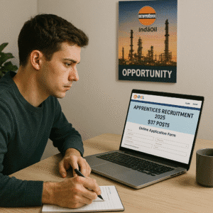 IOCL Apprentices Recruitment 2025 A young person sits at a modern desk in a brightly lit room, typing on a laptop displaying the IOCL website's "Apprentices Recruitment 2025" page for 537 posts. A notepad, pen, and coffee mug rest on the desk, while a motivational poster featuring an oil refinery and the IOCL logo adorns the wall, symbolizing career opportunities in the energy sector