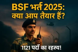 BSF Head Constable (RO, RM) Recruitment 2025 poster featuring a young Indian male in BSF uniform at a border checkpoint during sunrise, holding a radio device, with bold yellow Hindi text 'BSF भर्ती 2025: क्या आप तैयार हैं?' and smaller white text '1121 पदों का रहस्य!' in a suspenseful, cinematic style