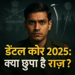 Indian Army Dental Corps Recruitment 2025 suspense poster with mysterious military theme and yellow Hindi text overlay
