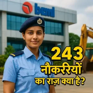 Hyper-realistic thumbnail for BEML Recruitment 2025 showing a young Indian professional in a government job uniform with BEML office and machinery in the background, featuring bold yellow Hindi text '243 नौकरियों का राज़ क्या है?' with a black shadow."