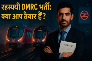 DMRC Recruitment 2025 का रियलिस्टिक पोस्टर जिसमें एक मॉडर्न मेट्रो ट्रेन दिल्ली के फ्यूचरिस्टिक सिटीस्केप में दौड़ रही है। एक युवा प्रोफेशनल सूट में रिज्यूमे के साथ आत्मविश्वास से खड़ा है। पीले फ़ॉन्ट में हल्के काले शैडो के साथ हिंदी टेक्स्ट: 'रहस्यमयी DMRC भर्ती: क्या आप तैयार हैं?' DMRC लोगो बैकग्राउंड में डिजिटल बिलबोर्ड पर दिख रहा है।