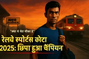 Railway Sports Quota रिक्रूटमेंट 2025 का सस्पेंसपूर्ण फ्रंट पोस्टर इमेज जिसमें एथलीट और ट्रेन दिख रही है